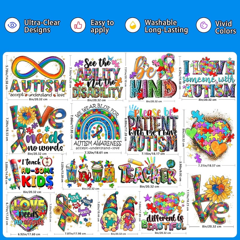 HTVSTD Autism Puzzle Iron on Transfers 32 Sheets DTF Transfers Ready to Press Rainbow Color Iron on Decals for T-Shirts Puzzles Heat Transfer Vinyl Be Kind Iron on Decals for DIY Patches Decals - Image 3